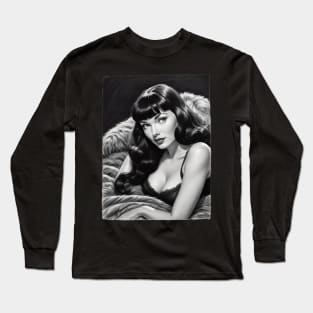 Bettie Page Black and White Portrait Long Sleeve T-Shirt